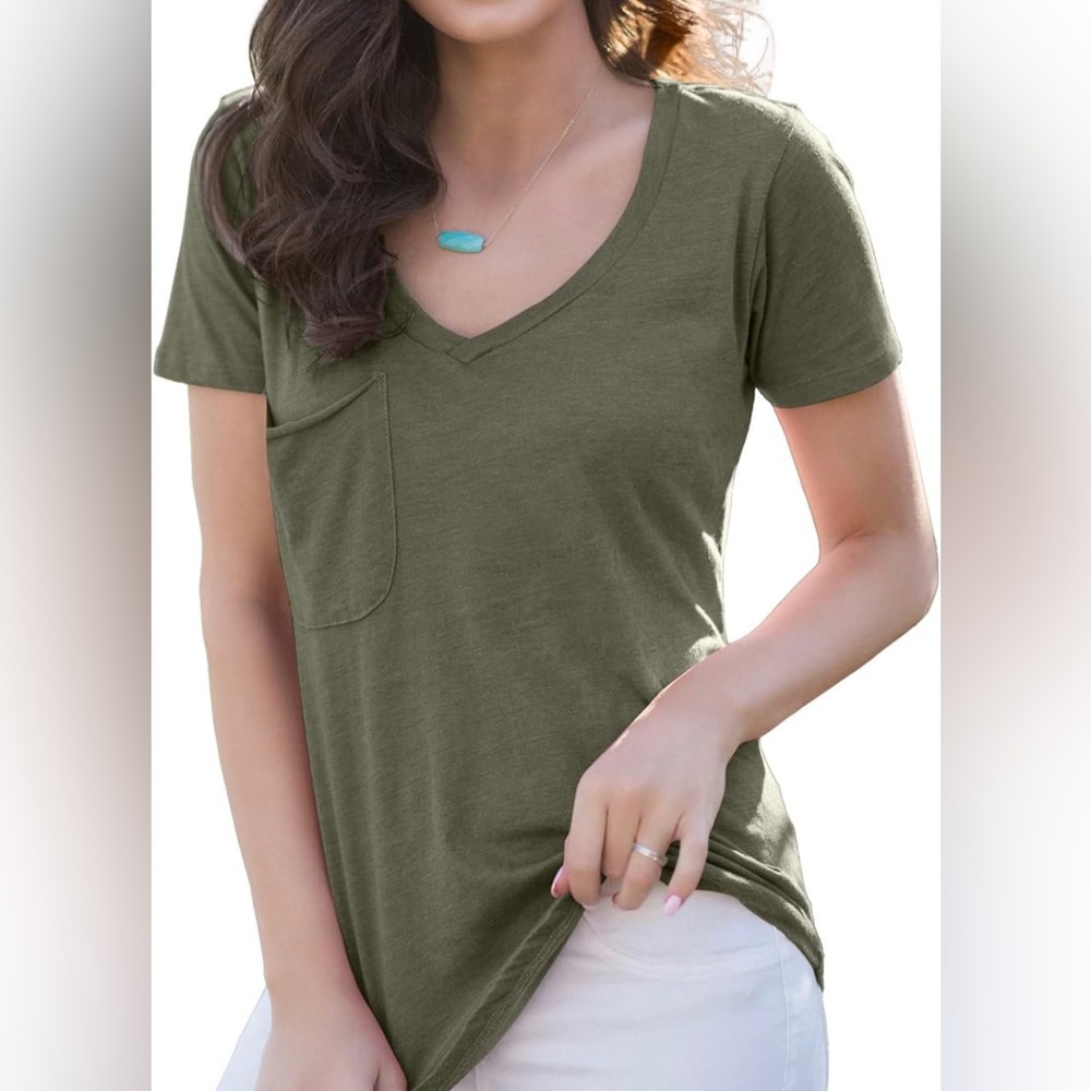Size Small, green v neck with pocket: basic top. Great staple for closet